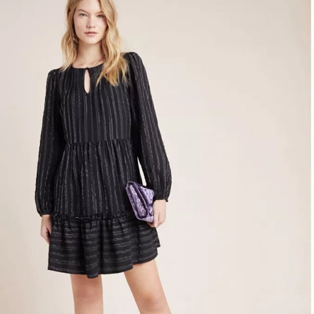 Anthropologie Ro & De Pippa Tiered Peasant Tunic Dress Black Metallic Women's S